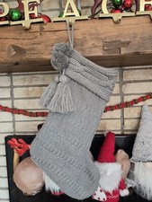 TARGET GRAY HEARTH HAND WITG MAGNOLIA KNIT CHRISTMAS STOCKING POM POM TASSEL