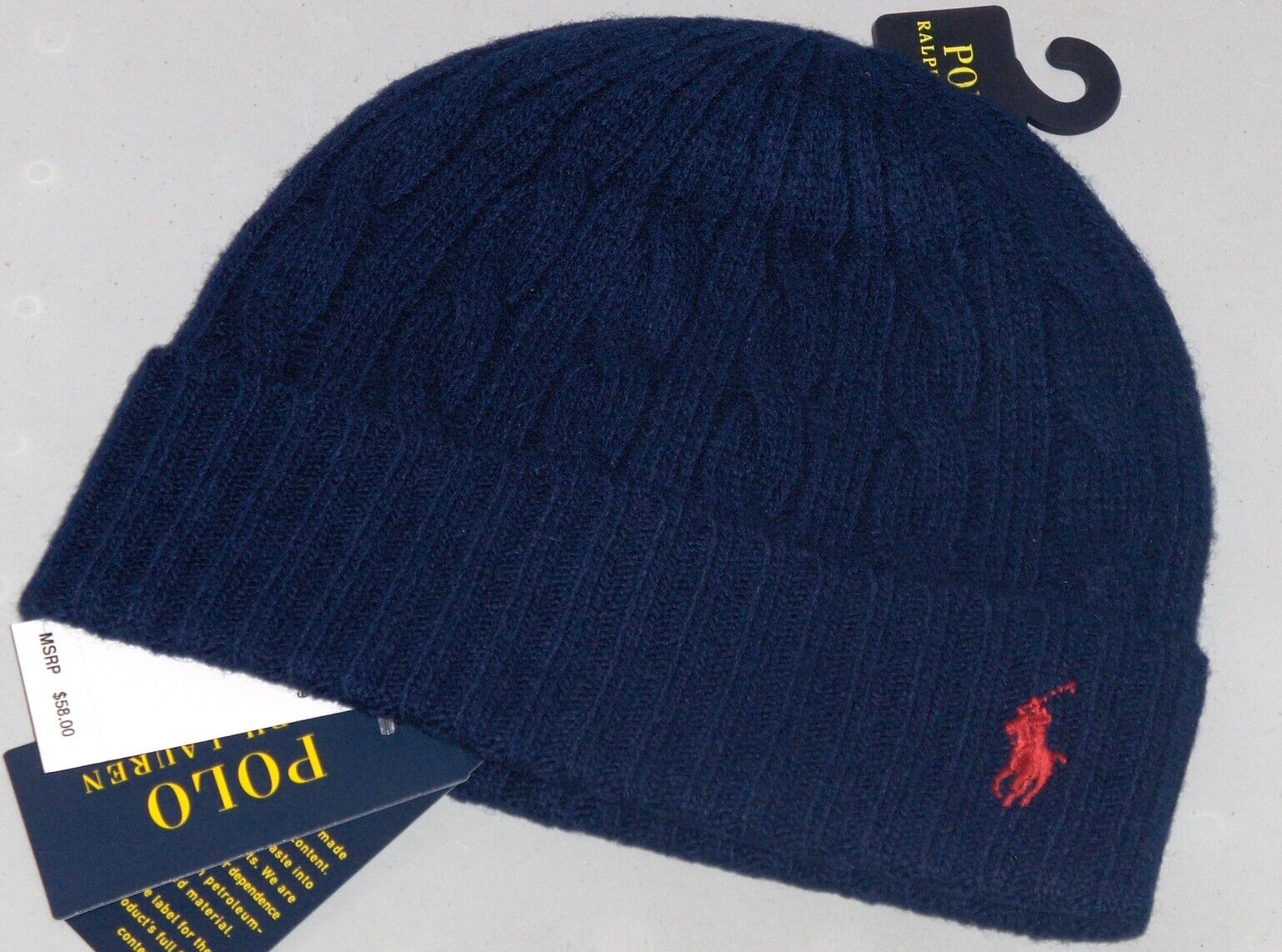 POLO RALPH LAUREN Cappello Uomo Lana Maglia Cavi Pony Beanie Berretto Sci BLU NAVY Nuovo con etichette