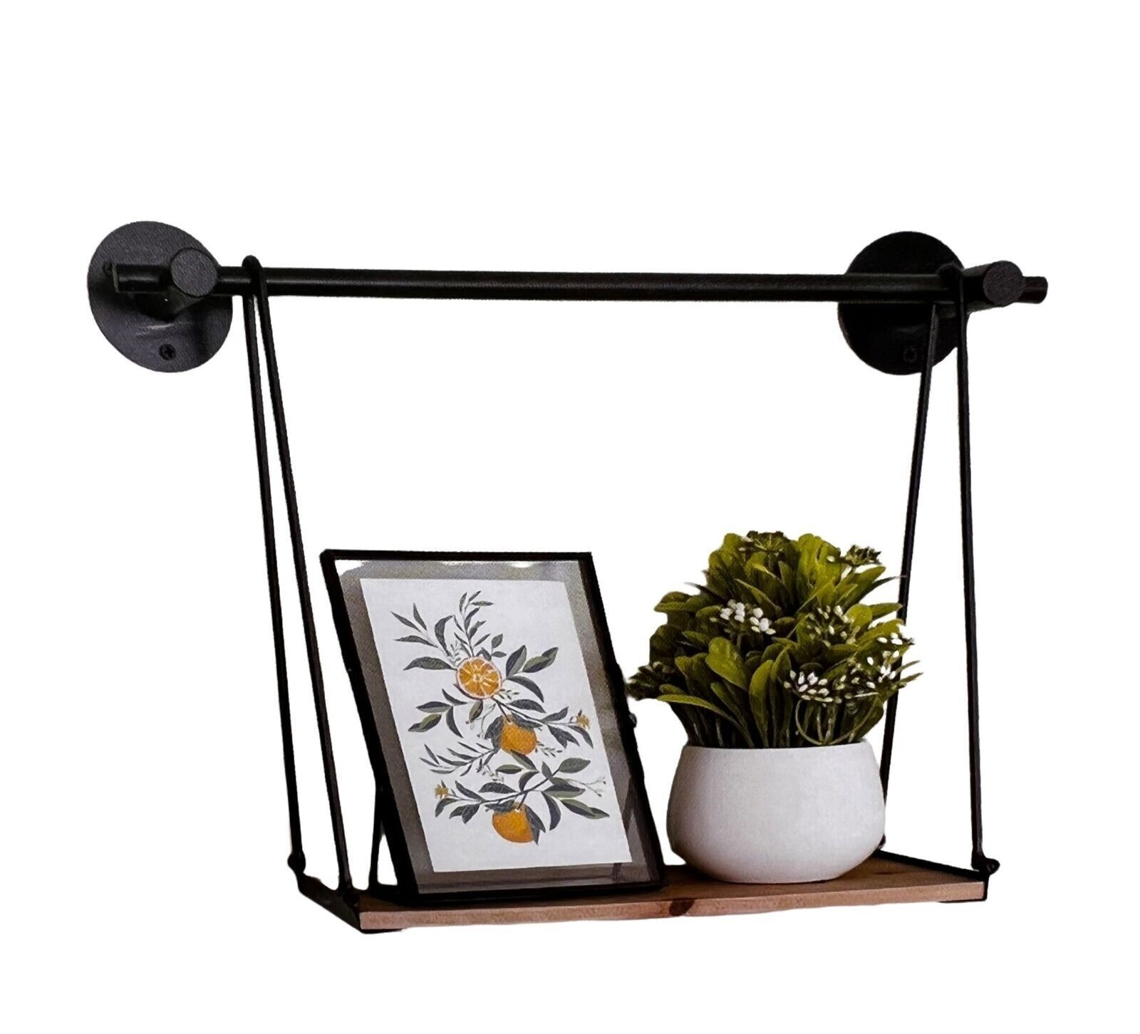 DECOCRATED Wood & Metal Wall Shelf Hanging Swing Style Black Iron NEW