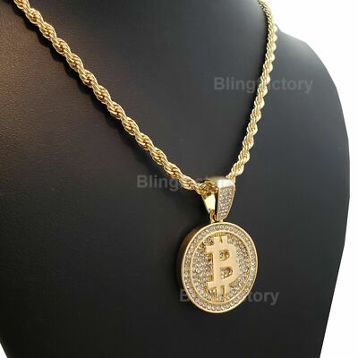 Hip Hop Iced digital currency BIT COIN CZ Pendant & 4mm 24'' Rope Chain Necklace