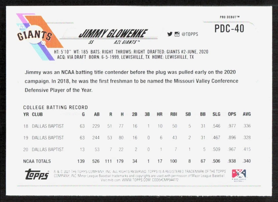 Jimmy Glowenke 2021 Topps Pro Debut Chrome Rookie Card RC #PDC-40 AZL Giants - Image 2 of 2