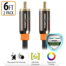 FosPower 2x 6FT Dual Layer Digital Coaxial Coax Audio S/PDIF Cable Cord Plug