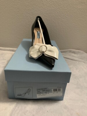 PRADA BLACK SHINY LEATHER WHITE PATENT BOW CONE HEEL CLASSIC PUMP