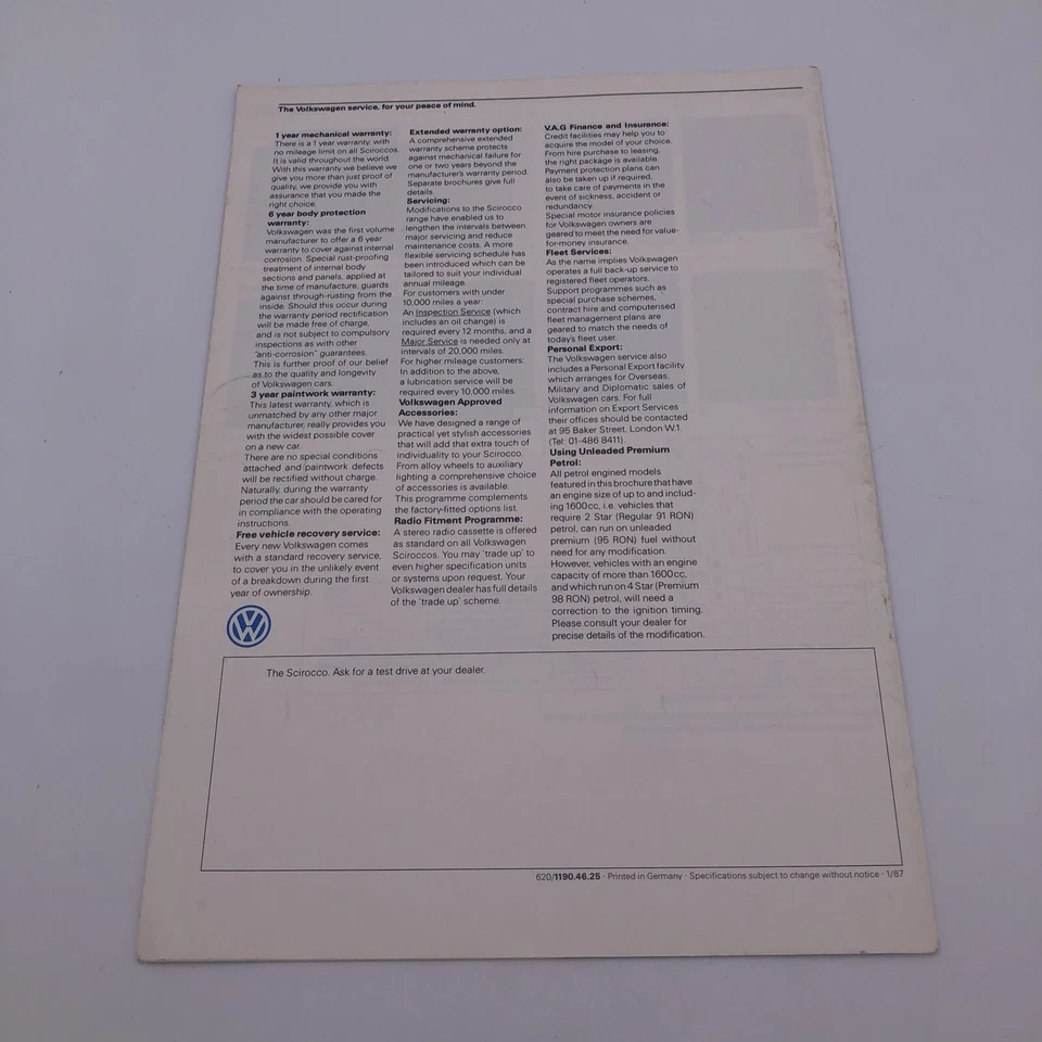 Volkswagen Scirocco Mk2 1986-87 UK Market Sales Brochure 16v GTX GT Jan 1987 - Image 3 of 4