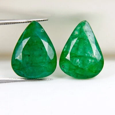 28.50 Ct Natural Green Zambian Emerald Pear Cut Faceted Gems Pair For Jewelry - Image 1 of 3