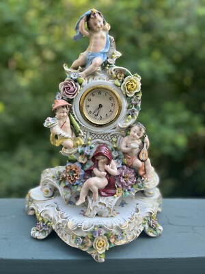 large Antique Sitzendorf Dresden Porcelain mantle Clock Cherubs