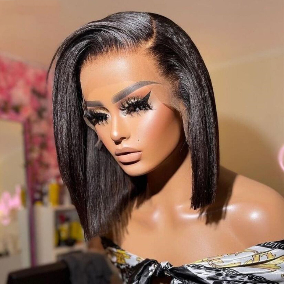 Short Bob Yaki Straight Lace Front Wig Black Synthetic Hair  display picture 1
