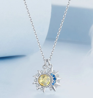Exquisite 18K 925 Sterling Silver Sparkling Sun & Moon Pendant Necklace ...