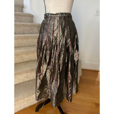 Vintage 90s Black Metallic Gold Houndstooth Pleated Midi Skirt