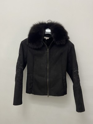 LIST Damen Jacke 42 schwarz kurz Reißverschluss Pelzkragen Made in Italy