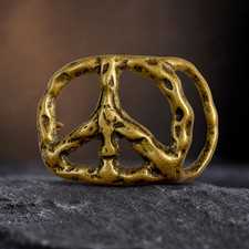 Peace Sign Belt Buckle Antiqued Gold Tone Hammered Hippie 70s Boho Fits 1.5in