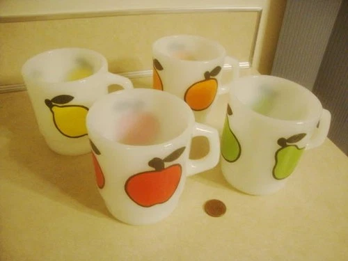 Vtg Fire King Anchor Hocking Super Fruits APPLE ORANGE PEAR LEMON Stacking Mugs!