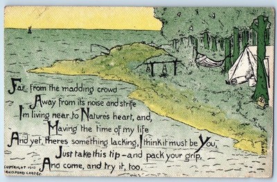 1913 Nature Poem Camping Hammock Tent Forest Lake Scene Sanford Antique Postcard