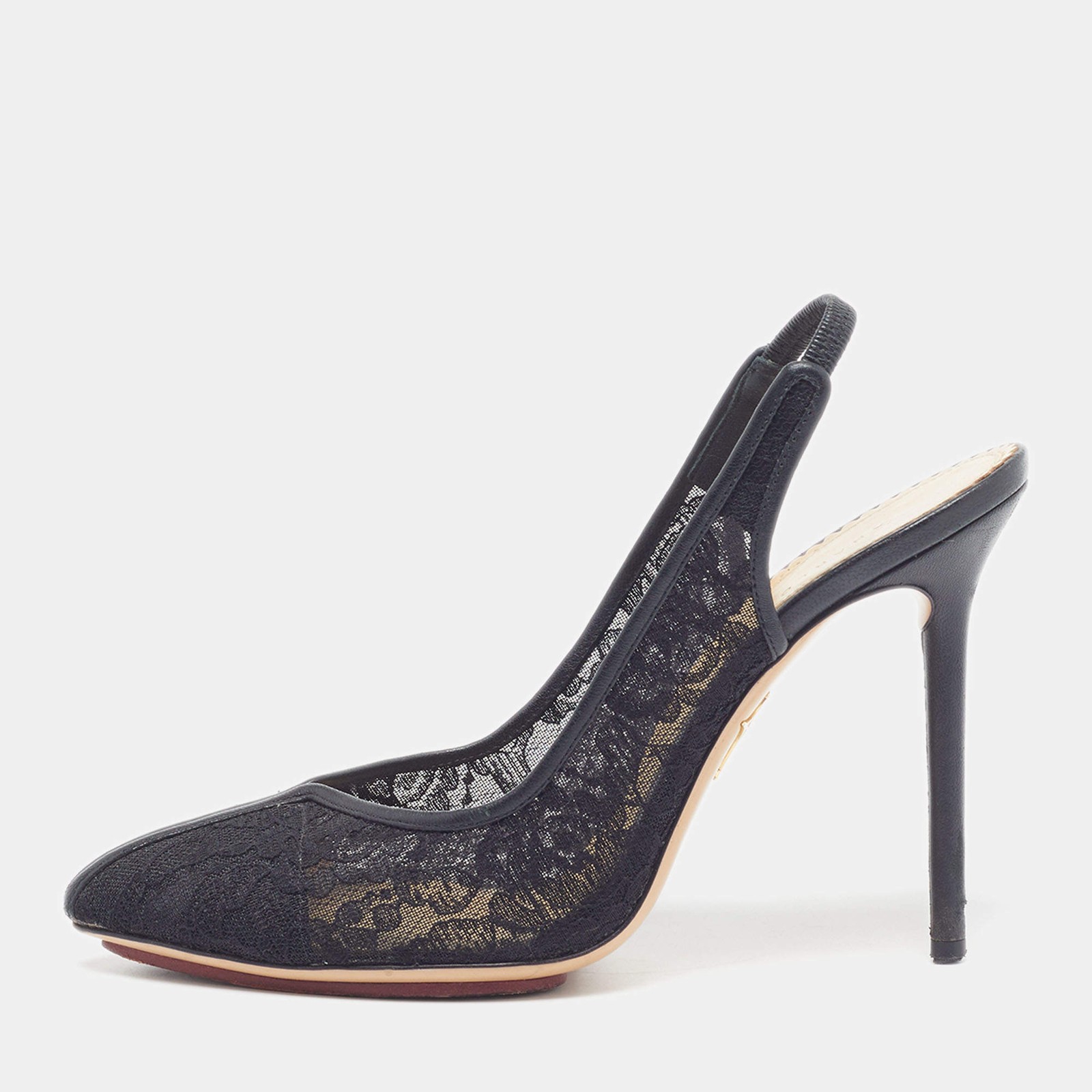 Charlotte Olympia Size 38 Black Lace and Leather Slingback Pumps