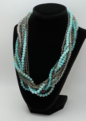 LOFT Teal Beads Gold & Silver Tone Metals Multi Strand Twist Necklace 20.5-22.5 