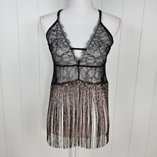 Victorias Secret Black Leopard Lace Fringe Slip Babydoll Top Large Sheer Nwt