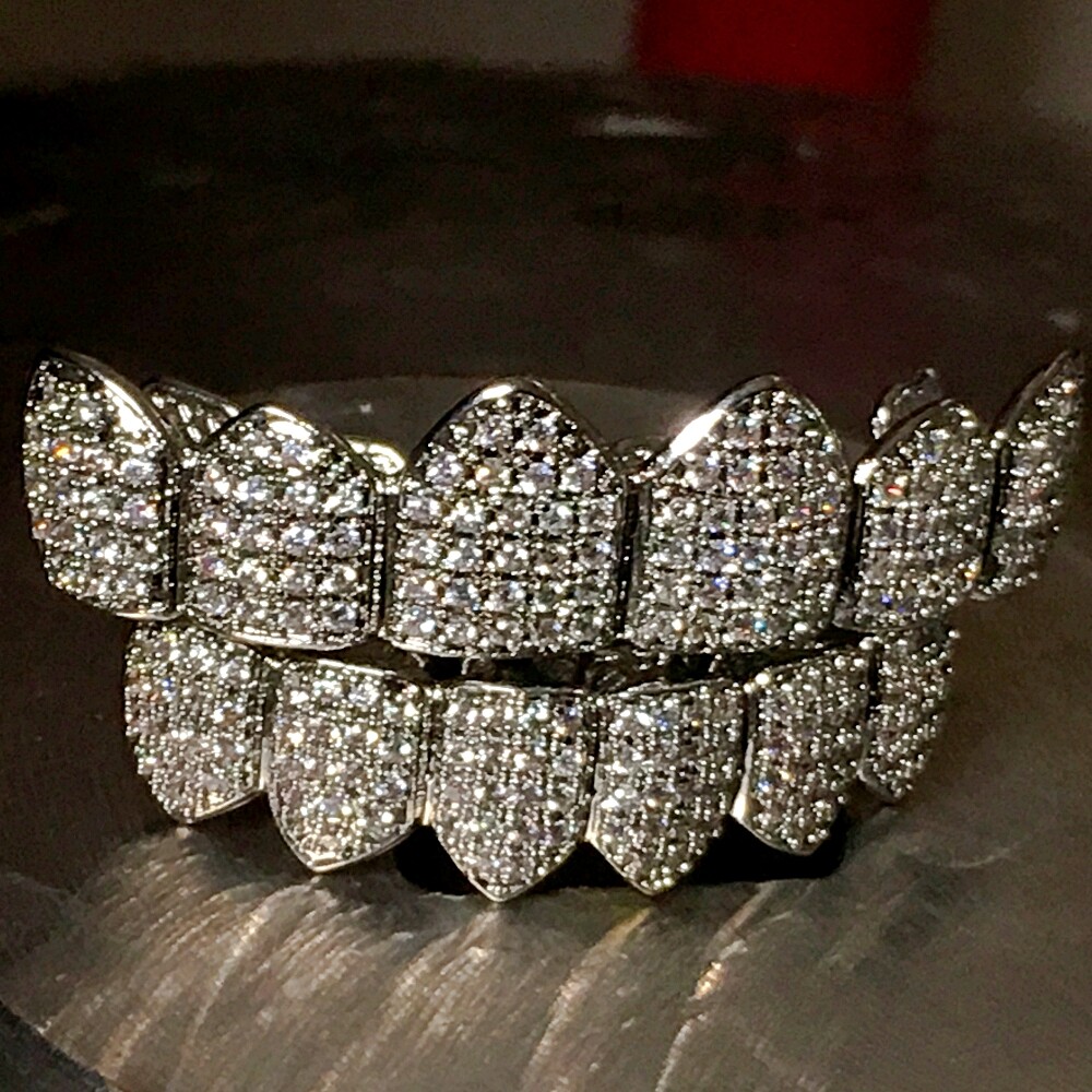 Grillz Set New Micro Pave Silver Tone 6 Top 6 Bottom Iced