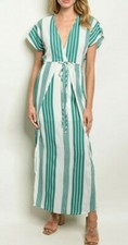 NEW FAVLUX M GREEN WHITE GAUZY LOW CUT TIE FLUTTER OVERLAP MAXI BOHO DRESS