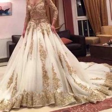 Luxury White Wedding Dresses Gold Applique Deep V-Neck Long Sleeves Bridal Gowns