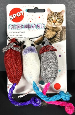 Colored  3-Inch Burlap Mice Cat Toys in Assorted Colors 3-Pack Catnip Cat Toys