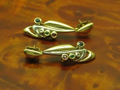 14kt 585 Yellow Gold Earrings with Diamond, Ruby, Sapphire & Emerald Trim / 3.7g - Image 1 of 4