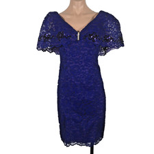 Vtg 80s Off Shoulder Sequin Lace Blue PARTY PROM COCKTAIL Dress UNION MADE 5/6