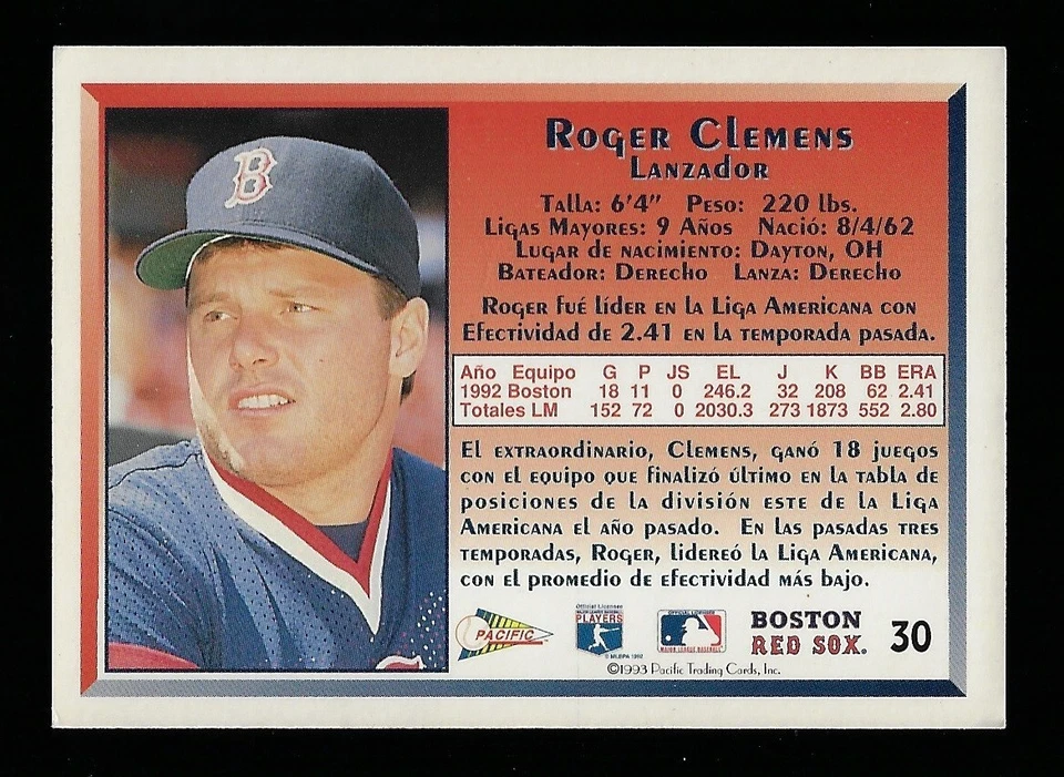 1993 Pacific Spanish #30 Roger Clemens Red Sox - Image 2 of 2