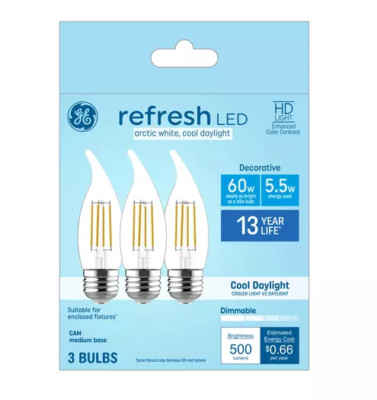 (3 bulbs) GE refresh LED cool white chandelier bulbs, 60 watt equivalent, 5.5