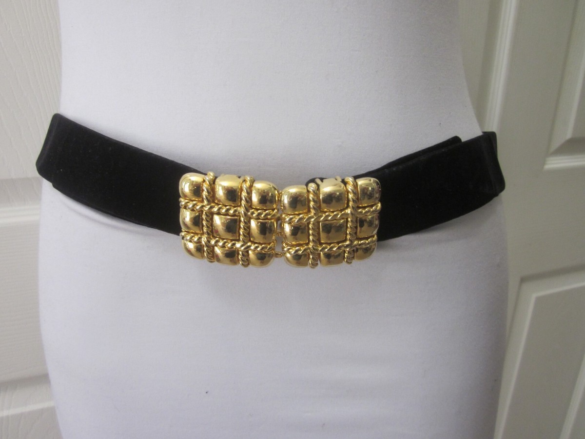 Ladies Black Velvet Belt w/ Quilted Look Gold Clasp fits up to 35