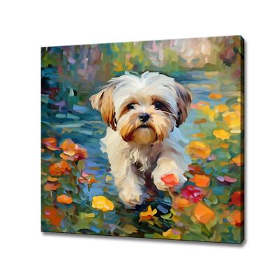 Shih Tzu Hund im Blumenfeld bunt Leinwandbild Haustier Wandbild Bild Geschenk