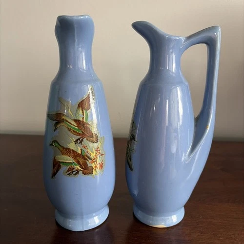 2 Vintage Jugs Pitchers Ewers- Blue w/ducks, UHL Pottery? Shawnee?Frankoma?