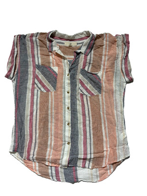 Thread + Supply Linen Blend Striped Button Up Top XL Coastal Short Sleeve Pocket