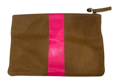 CLARE V. Camel Brown Pebbled Leather Pink Stripe Zippered Small Purse Bag Clutch