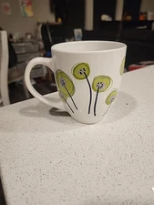 Kris Ruff Blue Harbor Coffee Mug w/ Green Poppies 16 oz Coffee Cup Flowers 2016