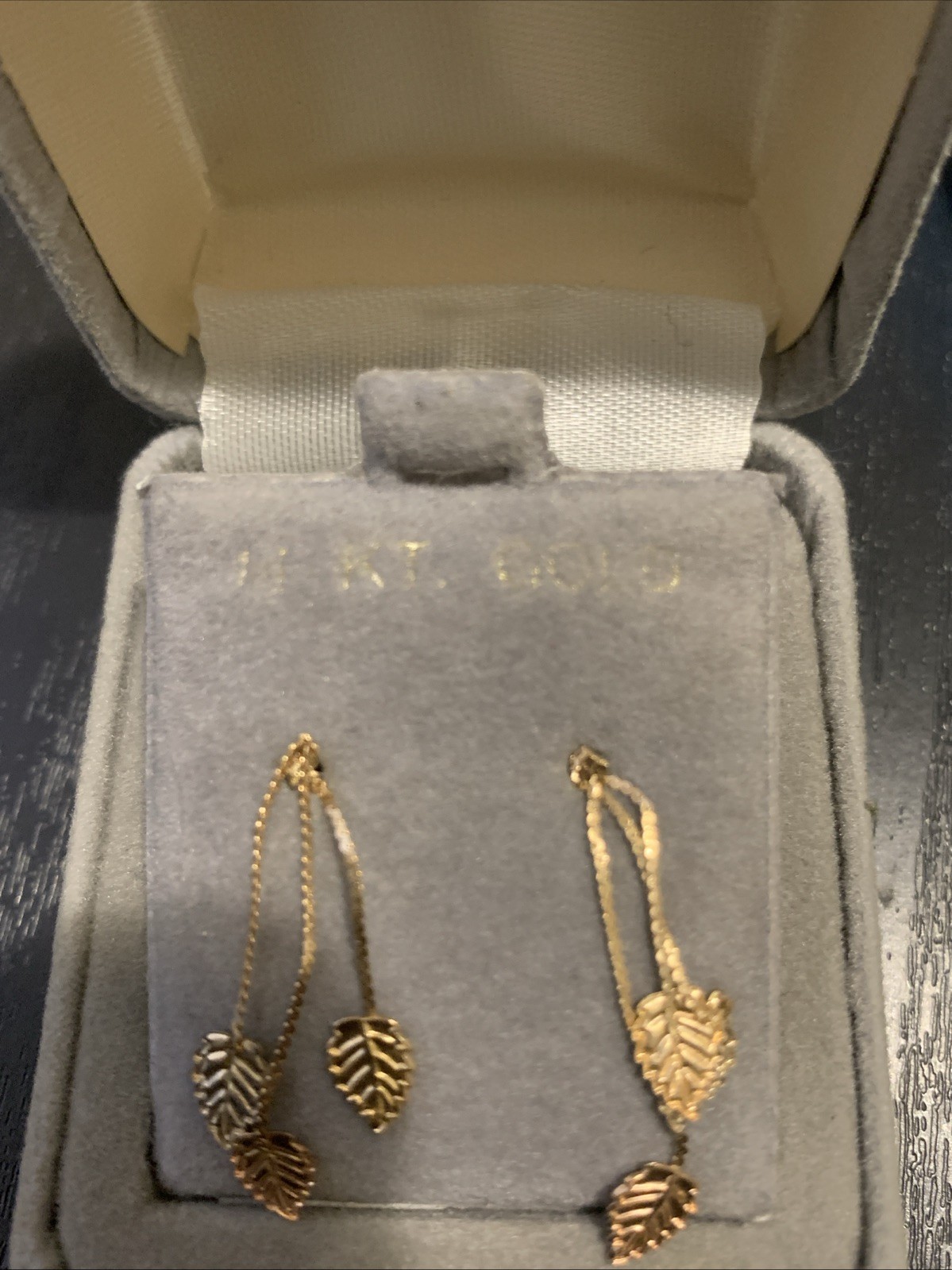 14K Tri-Tone Yellow White & Rose Gold Triple Leaf Dangle Earrings
