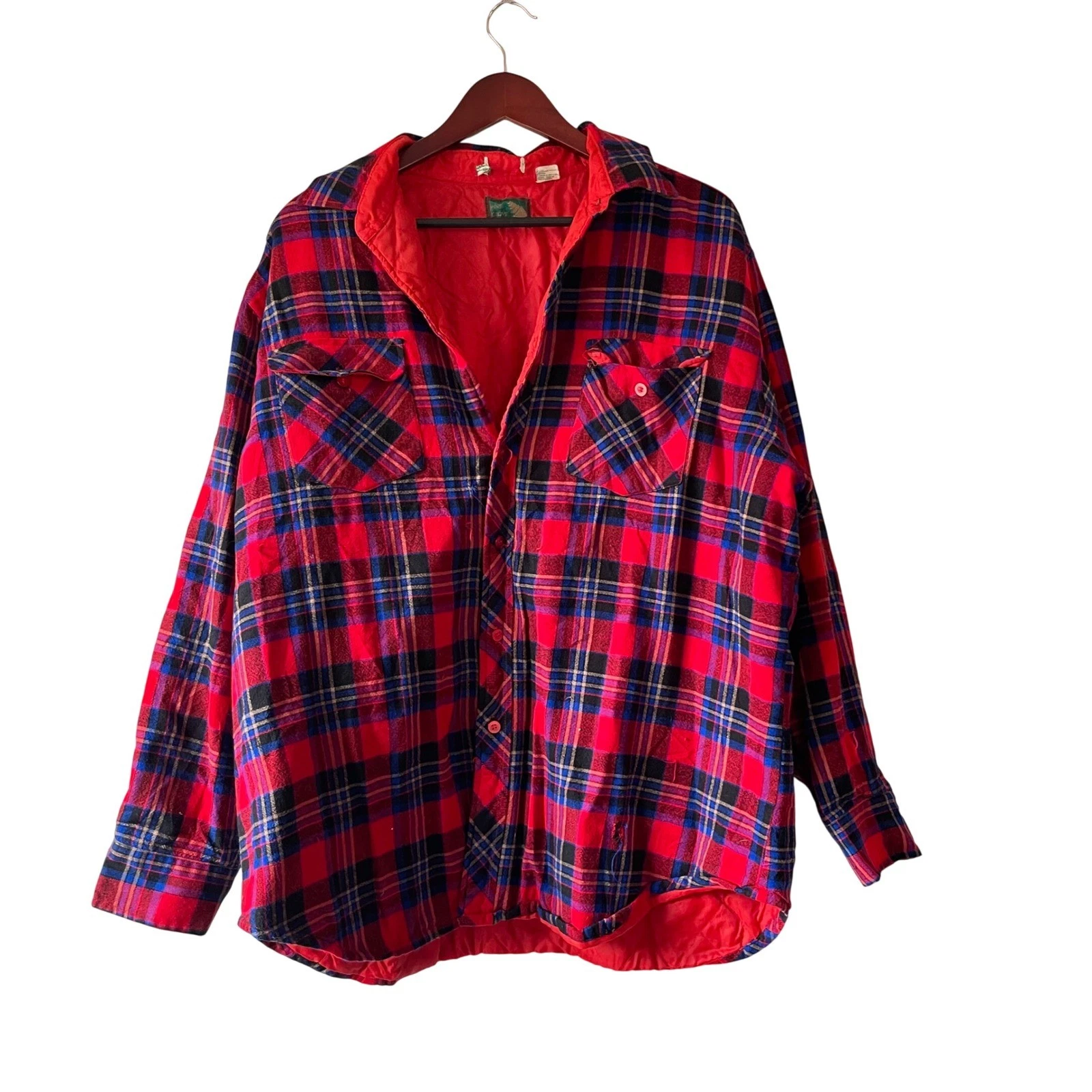 Vintage Red Blue Plaid Quilted Flannel Shirt Jacket Mens XL Shacket distressed