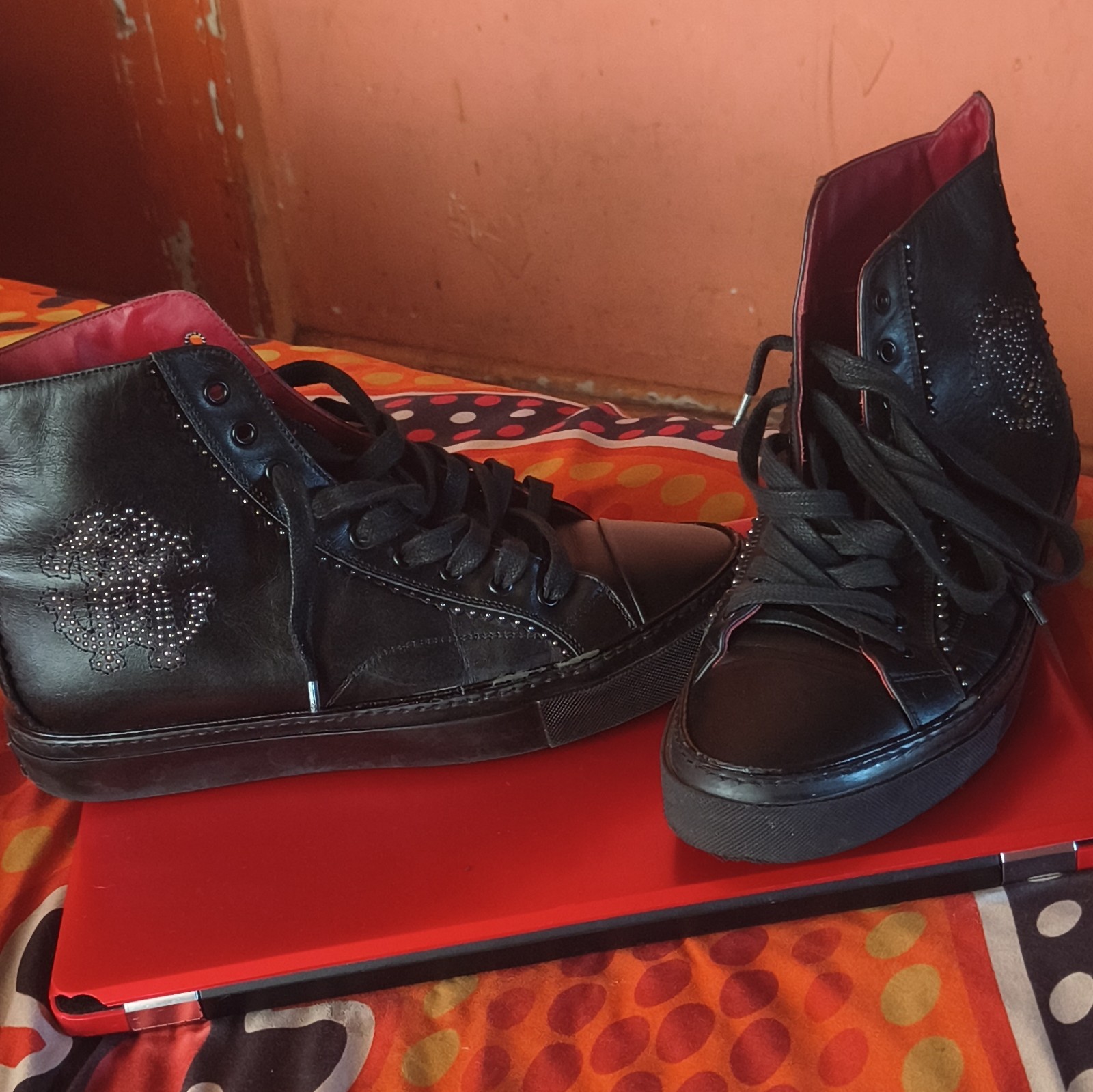 Roberto Cavalli Men’s Black Leather High-Top Lace-Up Studded Sneakers 11.5