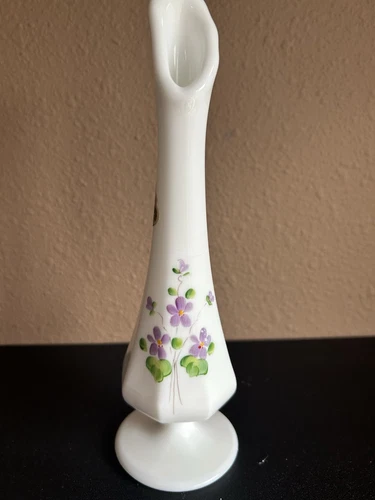 Vintage 8” Fenton Hand-Painted Milk Glass Bud Vase Violets In The Snow Signed