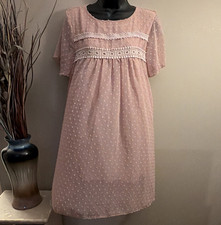 Pink Swiss Dot Chiffon Shift Dress Lace Flutter Short Sleeve Round Neck M