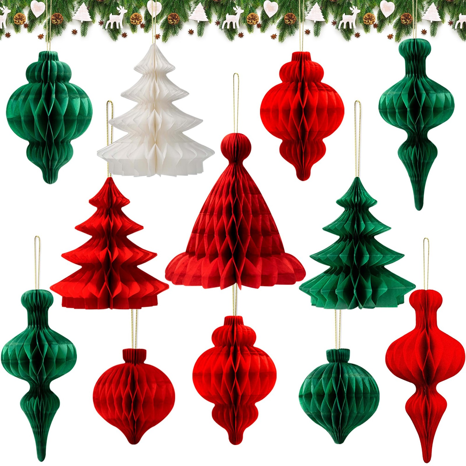 12 Pcs Christmas Decorations uk-Hanging Ceiling Paper Red, Green