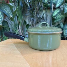 Westen Italy Bassano enamel sauce pan vented lid avocado green vintage MCM 2 Qt