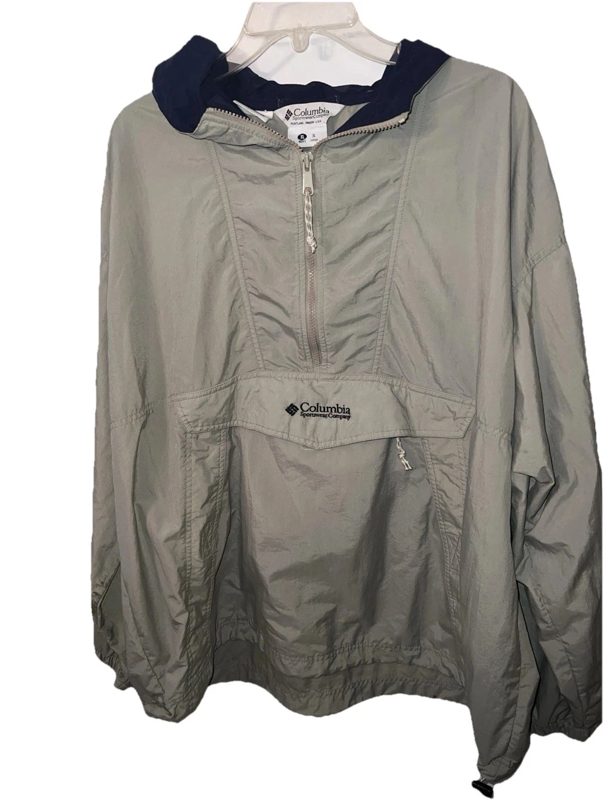 Vintage Mens Columbia Jacket Khaki Pullover Hood Front Pocket Zip Windbreaker