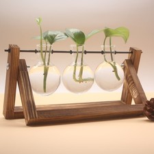 Plant Terrarium with Wooden Stand 3 Bulb Vase for Hydroponics Home Office Decor