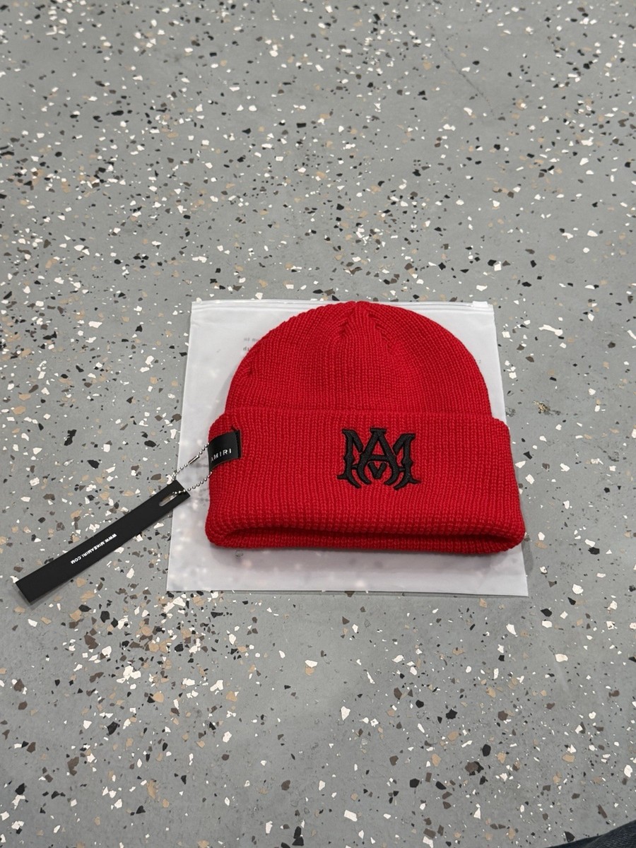AMIRI Red Knit Beanie Hat Logo Patch Luxury Streetwear Winter Cap