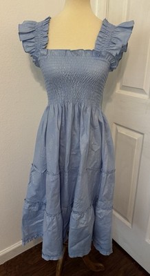 Hill House Ellie Nap Dress Light Blue Glitter Check Midi Smocked Top NWT XS