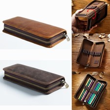 Vintage Real Leather Pen Case 10 Divided Slots Zipper Pencil Pouch Storage Bag