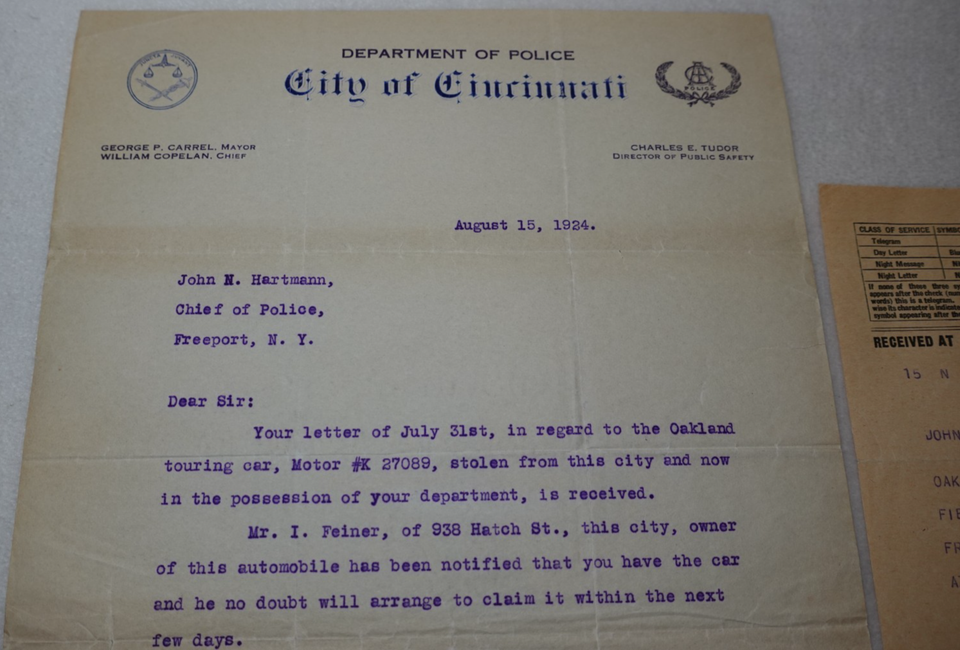 1924 Cincinnati Police Chief William Copelan SIGNED Letter & Original ...