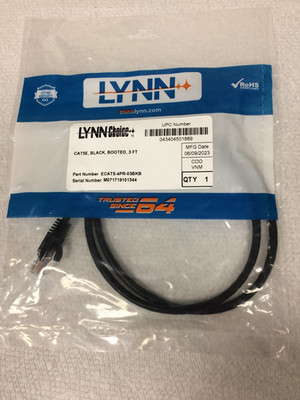 NEW ... 3FT CAT5E ETHERNET CABLE BLACK LYNN, PN: ECAT5-4PR-03BKB