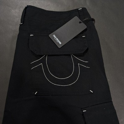 $139 True Religion Jeans Belted Logo Cargo Pants Size 34 36 Jet Black Relaxed