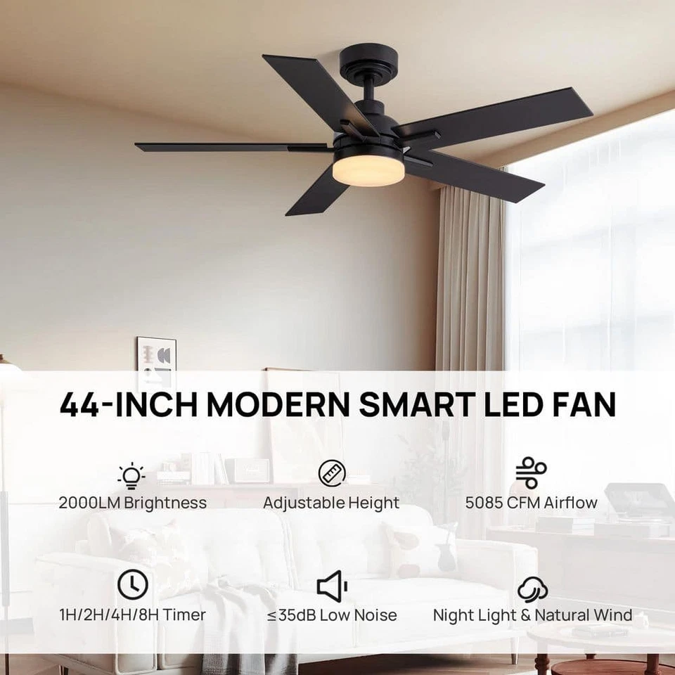 ANTOINE 44" Modern Smart Black Ceiling Fan w/ Dimmable LED Light & App Remote - Image 3 of 4